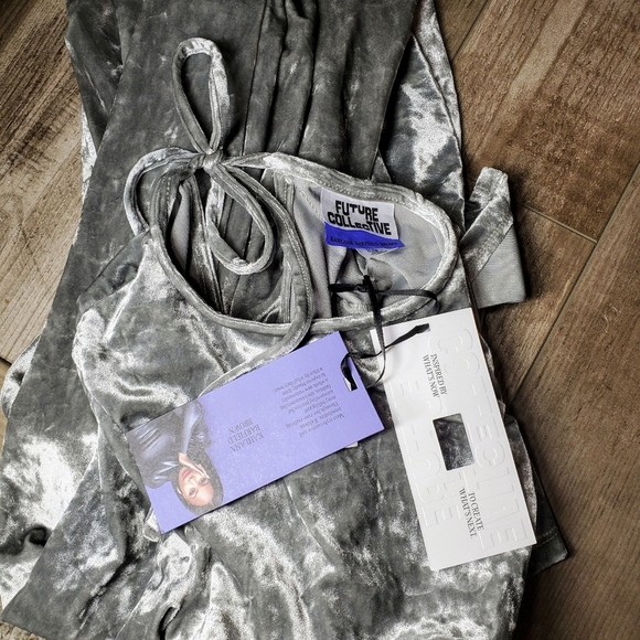 NWT Future Collective Silver Ruched Long Sleeve Crushed Velvet Dress Size XXS - Picture 5 of 15